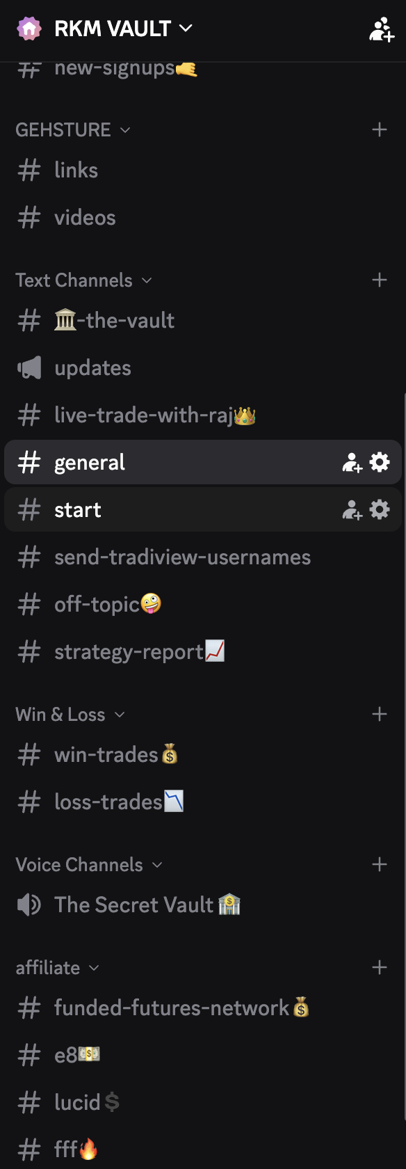 Discord channel list inside the RKM Vault server: the-vault, live-trade-with-raj, updates, win-trades, loss-trades, and prop firm channels for FundedFuturesNetwork, E8, Lucid, and FFF.
